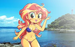 Size: 1903x1200 | Tagged: suggestive, artist:k-nattoh, derpibooru import, sunset shimmer, equestria girls, american flag bikini, belly button, bikini, clothes, female, image, jpeg, looking at you, open mouth, open smile, real life background, smiling, smiling at you, solo, solo female, swimsuit