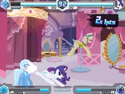 Size: 640x480 | Tagged: safe, derpibooru import, screencap, rarity, trixie, fighting is magic, carousel boutique, fighting is magic aurora, game screencap, great moments in animation, image, kicking, png, smear frame