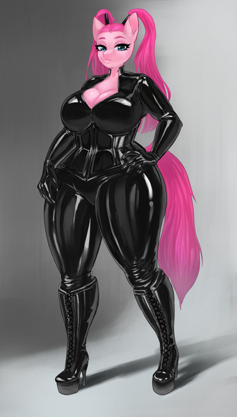 Size: 1361x2394 | Tagged: questionable, artist:transfaled, derpibooru import, pinkie pie, anthro, big breasts, bodysuit, boots, breasts, catsuit, chubby, cleavage, clothes, corset, curvy, high heel boots, high heels, image, latex, latex suit, pigtails, png, shoes, thighs, thunder thighs, twintails
