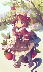 Size: 2475x4096 | Tagged: safe, artist:saxopi, derpibooru import, oc, unofficial characters only, semi-anthro, unicorn, apple, basket, clothes, dress, female, flower, food, horn, image, jpeg, leaf, looking at you, solo, tree