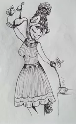 Size: 2392x3878 | Tagged: safe, artist:nightydream, derpibooru import, meadowbrook, anthro, clothes, cup, dress, image, jpeg, monochrome, solo, teacup, tongue out, traditional art