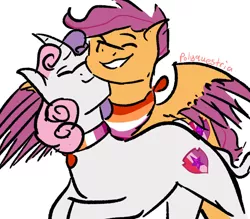 Size: 945x827 | Tagged: safe, artist:lieutenantcactus, derpibooru import, scootaloo, sweetie belle, pegasus, pony, unicorn, bandana, colored wings, cute, duo, eyes closed, female, gritted teeth, image, jewelry, jpeg, lesbian, lesbian pride flag, necklace, nuzzling, pride, pride flag, scootabelle, shipping, signature, simple background, small ears, smiling, spread wings, teeth, white background, wings