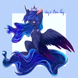 Size: 1900x1900 | Tagged: safe, artist:rainbowmoon2512, derpibooru import, princess luna, alicorn, pony, blue background, blue eyes, blue mane, blue tail, blushing, chest fluff, crown, curved horn, digital art, ear fluff, ethereal mane, ethereal tail, feather, female, flowing mane, flowing tail, horn, hybrid wings, image, jewelry, looking at you, mare, peytral, png, regalia, signature, simple background, solo, spread wings, starry mane, starry tail, starry wings, tail, wings