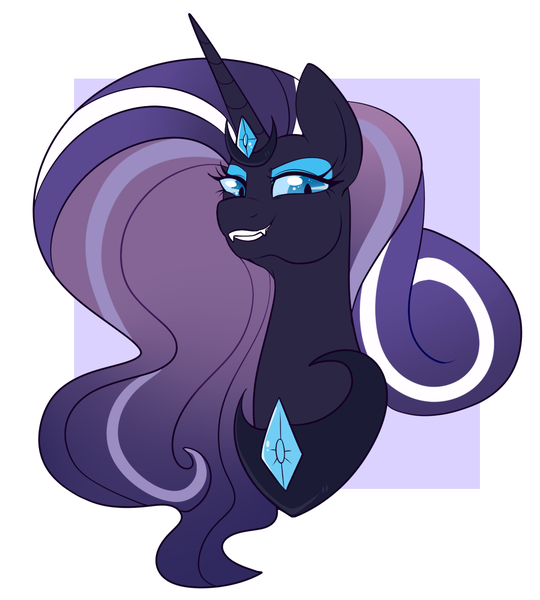 Size: 1079x1199 | Tagged: safe, artist:lulubell, derpibooru import, nightmare rarity, bust, evil grin, grin, image, looking at you, looking down, looking down at you, png, smiling
