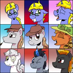 Size: 1280x1280 | Tagged: safe, artist:pony-berserker, derpibooru import, oc, oc:final drive, oc:longhaul, oc:shadowed ember, oc:silver sickle, oc:slipstream, oc:southern comfort, bow, front view, glasses, hat, image, jpeg, looking at you, one eye closed, patreon, patreon reward, profile, profile picture, scar, wink, winking at you