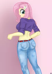 Size: 1280x1813 | Tagged: safe, artist:lennondash, derpibooru import, fluttershy, equestria girls, belt, blushing, breasts, busty fluttershy, butt, clothes, denim, eyeshadow, flutterbutt, image, jeans, makeup, midriff, pants, png, rear view, short shirt, solo