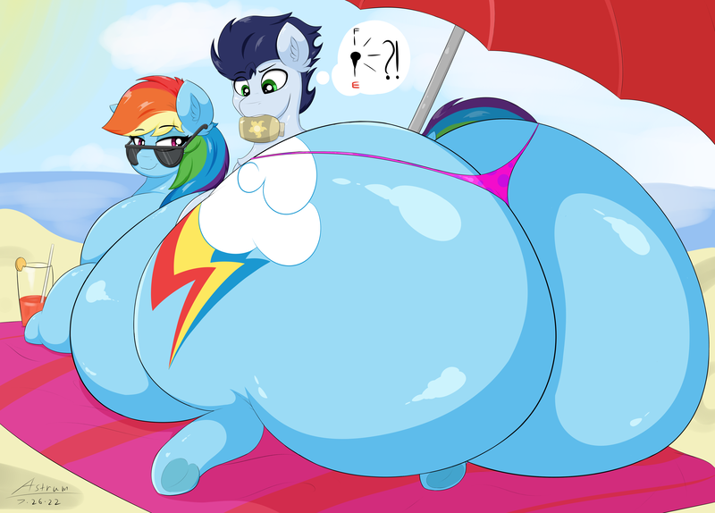 Size: 4600x3300 | Tagged: questionable, artist:astrum, derpibooru import, rainbow dash, soarin', pegasus, pony, beach, beach towel, belly, big belly, bingo wings, bottle, butt, chubby cheeks, clothes, confused, digital art, dock, drink, empty, fat, female, frog (hoof), glass, glasses, huge belly, huge butt, image, impossibly large belly, impossibly large butt, large butt, lidded eyes, looking back, looking down, lying down, male, mouth hold, obese, panties, plot, png, prone, rainblob dash, rainbutt dash, raised eyebrow, shipping, sitting, size difference, smiling, soarindash, straight, stretched cutie mark, sunglasses, sunscreen, tail, the ass was fat, thighs, thunder thighs, towel, tubby wubby pony waifu, umbrella, underhoof, underwear