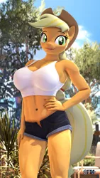 Size: 1080x1920 | Tagged: suggestive, artist:anthroponiessfm, derpibooru import, applejack, anthro, 3d, abs, breasts, busty applejack, clothes, cute, female, hat, image, midriff, muscles, muscular female, png, sexy, shirt, shorts, source filmmaker, stupid sexy applejack, tanktop, thighs, thunder thighs