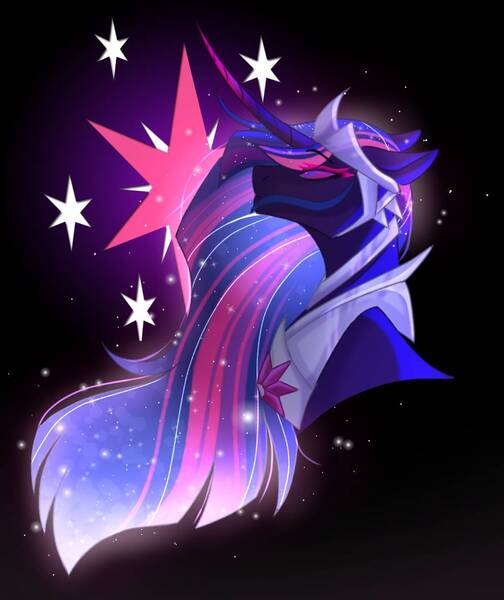 Size: 992x1181 | Tagged: safe, artist:moonlight23345, derpibooru import, princess twilight 2.0, twilight sparkle, twilight sparkle (alicorn), alicorn, pony, the last problem, black background, bust, colored pupils, corrupted, corrupted twilight sparkle, crown, curved horn, cutie mark, digital art, ethereal mane, evil twilight, female, flowing mane, glow, horn, image, jewelry, jpeg, looking up, mare, older, older twilight, peytral, purple eyes, regalia, simple background, solo, starry mane, stars