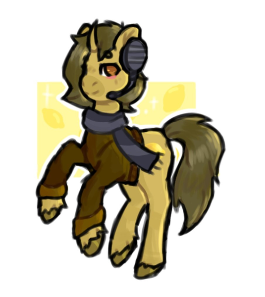 Size: 904x1013 | Tagged: safe, artist:lilara, derpibooru import, oc, oc:sagiri himoto, unofficial characters only, pony, unicorn, blushing, brown coat, brown eyes, brown mane, brown tail, clothes, ears, ears up, food, headphones, horn, image, lemon, looking at you, png, scarf, simple background, smiling, smiling at you, solo, sweater, tail, unicorn oc, white background