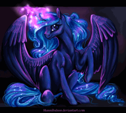 Size: 910x819 | Tagged: safe, artist:equum_amici, artist:lanteria, derpibooru import, princess luna, alicorn, pony, absurd file size, absurd gif size, animated, cinemagraph, female, gif, image, magic, mare, raised hoof, sitting, solo, spread wings, wings
