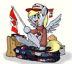 Size: 1000x885 | Tagged: safe, artist:blayaden, artist:equum_amici, derpibooru import, derpy hooves, pegasus, pony, :d, animated, baseball cap, canada, cap, cinemagraph, clothes, female, flag, food, gif, hat, image, mare, muffin, open mouth, open smile, sitting, smiling, solo, spread wings, suitcase, sweater, wings