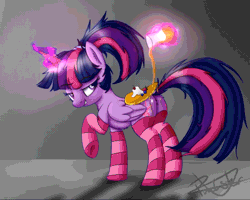 Size: 1100x878 | Tagged: suggestive, alternate version, artist:equum_amici, artist:pucksterv, derpibooru import, twilight sparkle, twilight sparkle (alicorn), alicorn, pony, absurd file size, absurd gif size, alternate hairstyle, animated, butt, cinemagraph, clothes, female, food, gif, grin, i'm pancake, image, looking back, magic, pancakes, plot, ponytail, raised hoof, smiling, socks, solo, solo female, striped socks, syrup, telekinesis, thigh highs