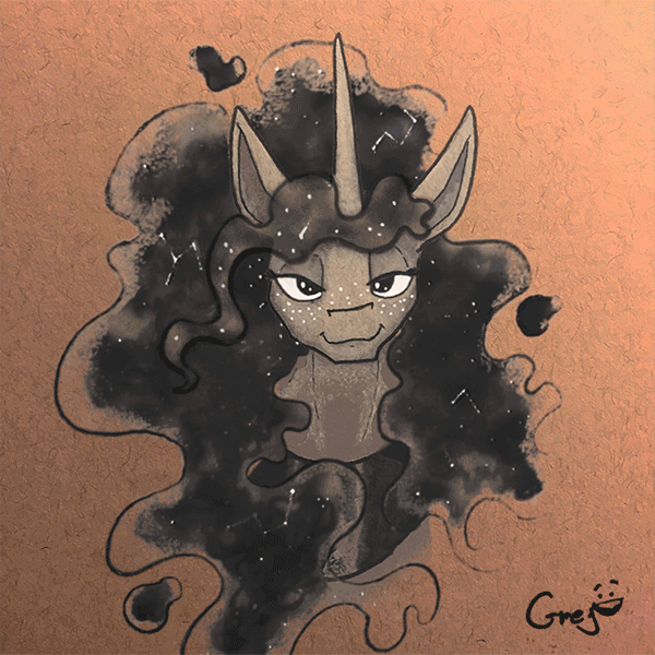 Size: 600x600 | Tagged: safe, artist:equum_amici, artist:greyscaleart, derpibooru import, princess luna, alicorn, pony, animated, bust, cinemagraph, constellation, female, freckles, gif, grayscale, headbob, image, lidded eyes, looking at you, mare, monochrome, signature, smiling, smug, solo, traditional art