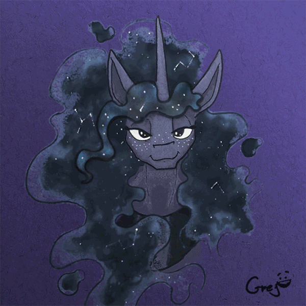 Size: 700x700 | Tagged: safe, artist:equum_amici, artist:greyscaleart, derpibooru import, princess luna, alicorn, pony, :3, absurd file size, absurd gif size, animated, bust, cinemagraph, constellation, female, freckles, gif, headbob, image, lidded eyes, looking at you, mare, smiling, smug, solo, traditional art