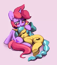 Size: 1591x1831 | Tagged: safe, artist:dawnfire, oc, oc:dawnfire, unofficial characters only, pony, unicorn, bow, duo, eyes closed, female, hair bow, horn, image, jpeg, lidded eyes, mare, simple background, sleeping, snuggling, unicorn oc