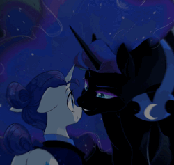 Size: 2282x2160 | Tagged: safe, artist:equum_amici, artist:kianamai, derpibooru import, nightmare moon, rarity, alicorn, pony, unicorn, :t, absurd file size, alternate hairstyle, alternate timeline, animated, bedroom eyes, boop, butt, cinemagraph, cute, eye contact, female, floppy ears, glow, glowing eyes, grin, image, lesbian, looking at each other, looking at someone, missing accessory, night maid rarity, nightmare takeover timeline, nightrarity, nose wrinkle, noseboop, nuzzling, plot, raised hoof, scrunchy face, shipping, smiling, sound, webm, wide eyes