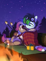 Size: 1668x2224 | Tagged: safe, artist:dawnfire, oc, oc:gryph xander, oc:midnight winds, unofficial characters only, pegasus, pony, unicorn, blanket, campfire, female, food, freckles, goggles, hair over one eye, horn, image, jpeg, male, mare, marshmallow, night, one eye closed, pale belly, present, smiling, stallion