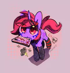 Size: 1255x1301 | Tagged: safe, artist:dawnfire, oc, oc:dawnfire, unofficial characters only, pony, unicorn, cd, clothes, eye clipping through hair, female, fishnets, horn, image, jpeg, mare, mouth hold, offering, socks, solo, striped socks, unicorn oc