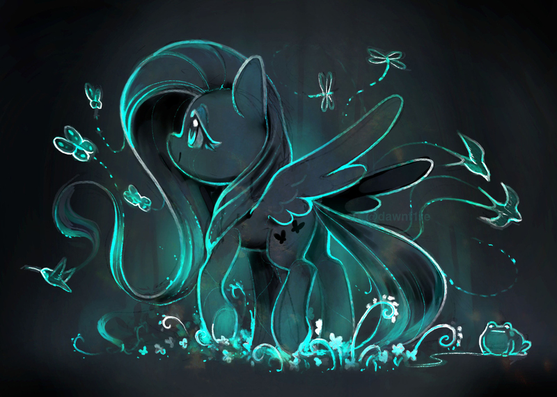 Size: 2048x1461 | Tagged: safe, artist:dawnfire, fluttershy, bird, butterfly, dragonfly, frog, insect, pegasus, pony, female, image, jpeg, limited palette, mare, smiling, solo, spread wings, walking, watermark, wings