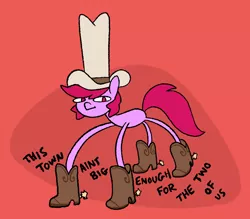 Size: 1906x1667 | Tagged: safe, artist:dawnfire, oc, oc:dawnfire, unofficial characters only, pony, unicorn, boots, clothes, cowboy boots, cowboy hat, female, hat, image, jpeg, looking at you, mare, red background, shoes, simple background, solo, text
