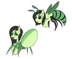 Size: 1940x1580 | Tagged: semi-grimdark, artist:happy harvey, derpibooru import, oc, oc:anonfilly, bee pony, monster pony, original species, pony, spiderpony, drawn on phone, ear fluff, female, filly, flying, foal, hunting, image, imminent death, imminent sex, implied oviposition, insect wings, looking at each other, looking at someone, png, scared, simple background, smiling, transparent background, wings