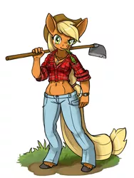 Size: 900x1200 | Tagged: safe, artist:lexx2dot0, derpibooru import, applejack, anthro, earth pony, unguligrade anthro, clothes, cowboy hat, dirt, female, freckles, grass, hat, image, jpeg, midriff, plaid shirt, shirt, simple background, solo, stetson, watch, white background