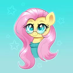 Size: 3640x3639 | Tagged: safe, artist:confetticakez, derpibooru import, fluttershy, pegasus, pony, blue background, clothes, cute, female, glasses, image, mare, png, shyabetes, simple background, solo, stars, sweater, sweatershy