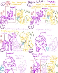 Size: 4779x6013 | Tagged: safe, artist:adorkabletwilightandfriends, derpibooru import, moondancer, spike, twilight sparkle, twilight sparkle (alicorn), oc, oc:isabelle, alicorn, comic:adorkable twilight and friends, adorkable, adorkable twilight, clothes, comic, cool, cute, disguise, door, dork, envelope, facial hair, giving, humor, image, magic, moustache, note, open door, picture, png, skirt, slide, sliding, sunglasses