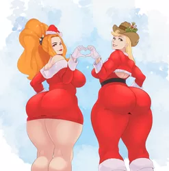Size: 4052x4096 | Tagged: suggestive, artist:sundown, derpibooru import, adagio dazzle, applejack, human, adagio dat-azzle, applebutt, applejack's hat, ass, breasts, butt, christmas, clothes, costume, cowboy hat, duo, duo female, female, hat, holiday, humanized, image, jpeg, large butt, santa costume, santa hat, smiling, the ass was fat, wide hips