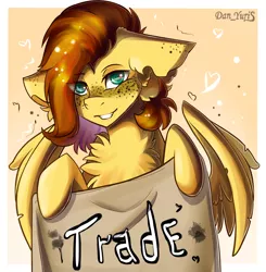 Size: 1714x1748 | Tagged: safe, artist:yuris, derpibooru import, oc, oc:yuris, unofficial characters only, pegasus, pony, brown mane, cute, female, freckles, image, png, simple background, smiling, solo, solo female, trade, turquoise eyes, yellow skin