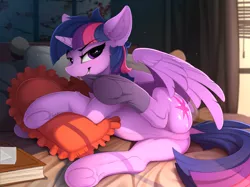 Size: 3600x2695 | Tagged: suggestive, artist:yakovlev-vad, banned from derpibooru, edit, twilight sparkle, twilight sparkle (alicorn), alicorn, pony, bed, bedroom eyes, book, clothes, curtains, frog (hoof), hug, image, laying on bed, on bed, pillow, pillow hug, png, socks, underhoof, window