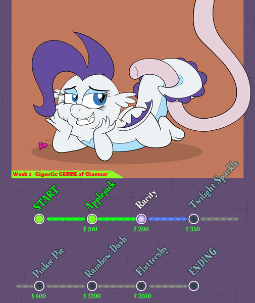 Size: 4800x5700 | Tagged: safe, artist:rupertbluefox, derpibooru import, rarity, dragon, series:mane6dragonsquestscaleybelly, absurd resolution, bedroom eyes, cute, dragoness, dragonified, fat, fat fetish, female, fetish, heart, hose, image, incentive drive, lying down, png, progress, prone, raribetes, raridragon, seductive look, smiling, species swap, tail, tail wrap, this will end in weight gain