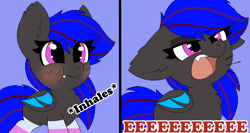 Size: 1500x795 | Tagged: safe, artist:pegamutt, derpibooru import, oc, oc:ebony rose, unofficial characters only, bat pony, pony, animated, bat pony oc, bat wings, blushing, clothes, commission, commissioner:wolfgangrd, eeee, fangs, gif, image, socks, striped socks, text, wings