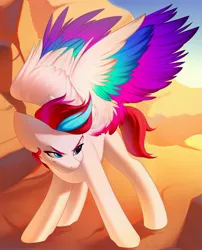 Size: 2500x3100 | Tagged: safe, artist:anniekayse, derpibooru import, zipp storm, pegasus, pony, colored wings, cool, dynamic pose, eyebrows, female, g5, high res, image, jpeg, mare, multicolored wings, solo, spread wings, wings