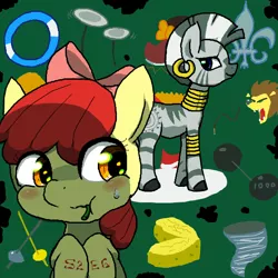 Size: 600x600 | Tagged: safe, artist:yajima, derpibooru import, apple bloom, zecora, earth pony, pony, zebra, the cutie pox, aside glance, blushing, eating, female, filly, foal, image, looking at you, mare, png, sideways glance, sweat