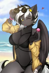 Size: 2000x2976 | Tagged: suggestive, artist:nataliaokita, derpibooru import, oc, oc:zephyr corax, oc:zephyrai, unofficial characters only, anthro, pegasus, :p, accessory, background, beach, bikini, black and white mane, bracelet, breasts, candy, clothes, coat, cutie mark, folded wings, food, gray coat, heart, image, jacket, jewelry, jpeg, kneeling, lollipop, one eye closed, sand, sky, solo, sun, sunglasses, sunglasses on head, swimsuit, tongue out, water, wings, wink, yellow eyes