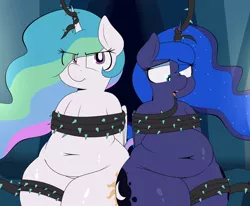 Size: 3452x2850 | Tagged: suggestive, artist:blitzyflair, derpibooru import, princess celestia, princess luna, alicorn, pony, belly button, black vine, bondage, chubby, fat, female, females only, image, looking at you, open mouth, png, royal sisters, siblings, sisters, tentacles, wide hips