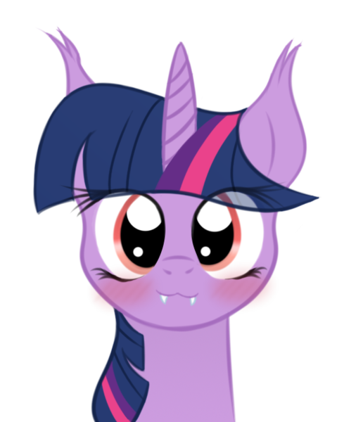 Size: 581x675 | Tagged: safe, artist:ramprover, derpibooru import, twilight sparkle, twilight sparkle (alicorn), alicorn, bat pony, pony, bat ponified, blushing, bust, cute, derpibooru exclusive, eye clipping through hair, fangs, female, flushed face, happy, horn, image, looking at you, mare, png, race swap, simple background, smiling, smiling at you, solo, transparent background, twiabetes, twibat