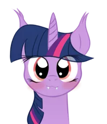 Size: 581x675 | Tagged: safe, artist:ramprover, derpibooru import, twilight sparkle, twilight sparkle (alicorn), alicorn, bat pony, pony, bat ponified, blushing, bust, cute, derpibooru exclusive, eye clipping through hair, fangs, female, flushed face, happy, horn, image, looking at you, mare, png, race swap, simple background, smiling, smiling at you, solo, transparent background, twiabetes, twibat