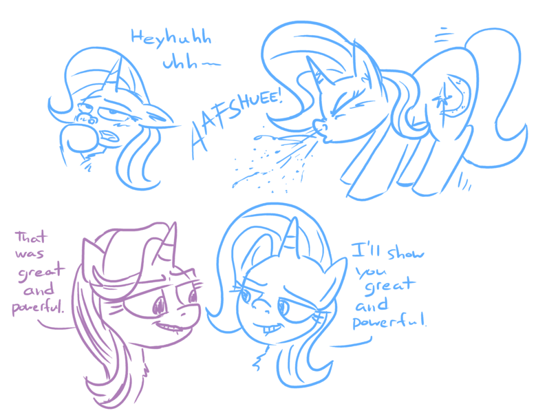 Size: 4779x3680 | Tagged: artist needed, suggestive, derpibooru import, starlight glimmer, trixie, bedroom eyes, comic, image, png, sketch, sneeze cloud, sneezing