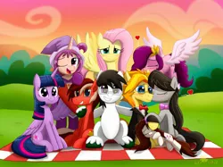 Size: 2732x2048 | Tagged: safe, artist:lordshrekzilla20, derpibooru import, fluttershy, octavia melody, pipp petals, twilight sparkle, twilight sparkle (alicorn), oc, oc:cadenza heartsong, oc:gyro torque, oc:pop star, oc:violet aria, ponified, alicorn, earth pony, pegasus, pony, unicorn, blushing, bowtie, clothes, female, filly, foal, g5, glasses, gloves, hat, heart, image, jpeg, kiss on the cheek, kissing, looking at you, magical doremi, male, mare, ojamajo doremi, onpu segawa, picnic blanket, purple dress, resting, shoes, stallion, witch, witch apprentice, witch costume, witch hat, witchling