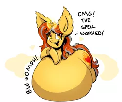 Size: 1431x1200 | Tagged: suggestive, artist:ahobobo, derpibooru import, oc, oc:cinderheart, unofficial characters only, pony, unicorn, belly, belly bed, belly noises, big belly, big ears, female, huge belly, image, impossibly large belly, impossibly large ears, magic, png, smiling, solo, solo female, spell, spell gone wrong, talking, weight gain