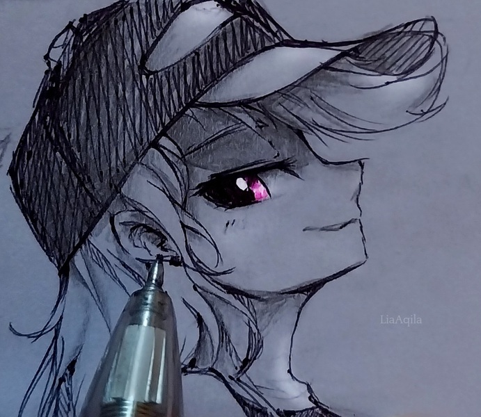 Size: 1370x1189 | Tagged: safe, artist:liaaqila, derpibooru import, rainbow dash, equestria girls, baseball cap, black and white, cap, cute, dashabetes, female, grayscale, hat, image, jpeg, monochrome, partial color, pen, solo, traditional art