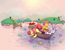 Size: 2000x1538 | Tagged: safe, artist:nedemai, derpibooru import, apple bloom, scootaloo, sweetie belle, earth pony, fish, pegasus, unicorn, atg 2022, cutie mark crusaders, explosives, fishing, image, jpeg, newbie artist training grounds, tnt