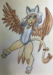 Size: 2812x3956 | Tagged: safe, artist:schwarz, derpibooru import, oc, oc:zahnrad, gryphon, animal costume, bells, cat costume, clothes, costume, goggles, image, jpeg, traditional art, watercolor painting