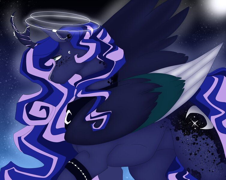 Size: 2048x1632 | Tagged: safe, artist:inisealga, derpibooru import, princess luna, alicorn, pony, alternate design, alternate hairstyle, colored wings, cutie mark, female, folded wings, halo, horn, image, jewelry, jpeg, mare, moon, multicolored hair, multicolored mane, night, redesign, regalia, solo, twitterina design, wings