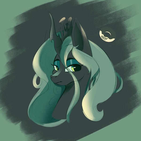 Size: 3272x3272 | Tagged: safe, artist:poxy_boxy, derpibooru import, queen chrysalis, ponified, changeling, changeling queen, bust, crown, eye clipping through hair, eyeshadow, female, frown, greenscale, high res, image, jewelry, jpeg, lidded eyes, looking at you, looking sideways, makeup, monochrome, regalia, signature, solo