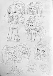 Size: 1600x2318 | Tagged: safe, artist:starflashing twinkle, derpibooru import, adagio dazzle, aria blaze, rainbow dash, sonata dusk, sunset shimmer, twilight sparkle, pony, equestria girls, chinese text, cute, food, image, jpeg, moon runes, sonatabetes, taco, traditional art