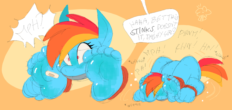 Size: 1280x610 | Tagged: questionable, artist:oddjuice, derpibooru import, rainbow dash, pegasus, alternate hairstyle, bandaid, barefoot, bdsm, bondage, bound and gagged, colored, dashsub, feet, female, females only, femsub, fetish, flat colors, folded, foot fetish, furry, gag, image, lying down, lying on the floor, muffled words, orange background, paws, png, rope, ropes, simple background, soles, solo, solo female, struggling, submissive, tape, tape gag, taunt, toes, uncomfortable, wide eyes, yellow background